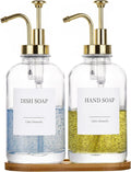 Glass Soap Dispenser with Pump, Dish and Hand Soap Dispenser for Kitchen Bathroom Set, Clear Glass Dispenser Set of 2 Pack with 18 Stickers Funnel Bamboo Tray 500ml 18oz / Each Bottle Gold Pump