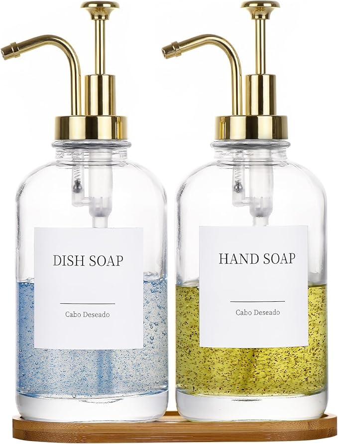 Glass Soap Dispenser with Pump, Dish and Hand Soap Dispenser for Kitchen Bathroom Set, Clear Glass Dispenser Set of 2 Pack with 18 Stickers Funnel Bamboo Tray 500ml 18oz / Each Bottle Gold Pump
