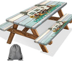 Flowers Picnic Table Cover with Bench Covers and Bag, Camping Essentials, Green Camper Wooden Grain Waterproof, Fitted Tablecloth Cover with Elastic Edge, Outdoor Table Covers, 3 PCS, 30x96 Inch