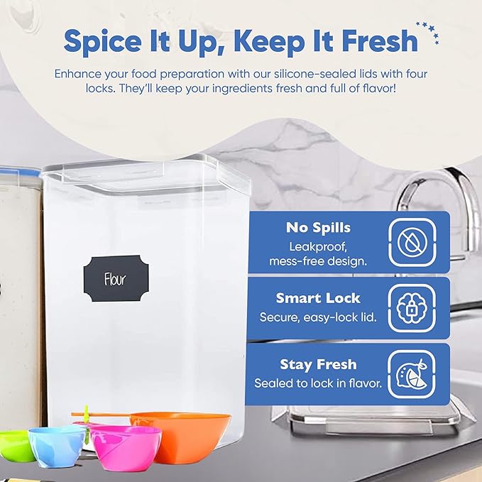 Chef's Path Extra Large Tall Airtight Food Storage Containers, Set of 4, Airtight Food Storage for Flour, Sugar, Rice, Includes Measuring Scoops, Pen, and Labels, 7qt, 220Oz, 6.5L, Transparent