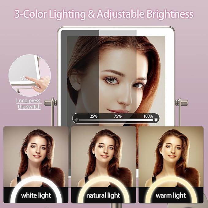 FASCINATE 5000mAh Rechargeable Wall Mounted Makeup Mirror, Bathroom Mirror Rectangle 8.7" Double Sided Touch Switch 1X 30X Magnifying, 3 Color Setting, Extended Arm 360° Swivel Foldable Nickel
