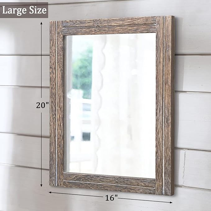 AAZZKANG Mirror with Wood Framed Rectangle Rustic Wall Mirrors Decor Large 20"x16" for Bedroom Bathroom Living Room Entryway