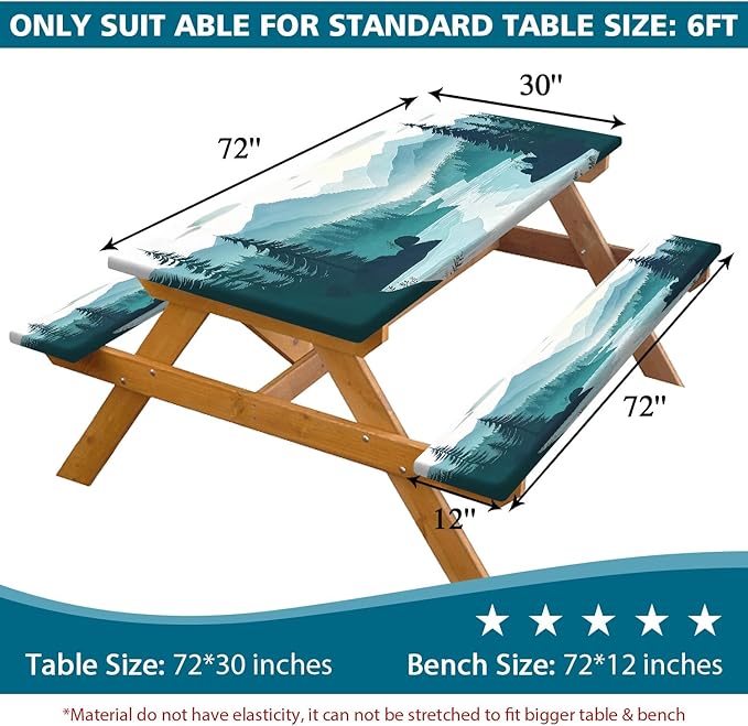 Picnic Table Cover with Bench Covers, Mountains Green Lake Tree Camping Essentials Tablecloth Fitted Rectangle Tables and Seats, Misty Landscape with Elastic Windproof Edges Picnic Table Cloth Cover