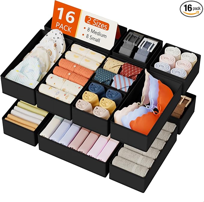 DIMJ Drawer Organizers Clothes, Set of 16 Dresser Organizer Bins, Fabric Closet Organizers and Storage, Shallow Drawer Dividers for Nursery, Clothing, Baby Clothes, Socks, Underwears, Tie (Black)