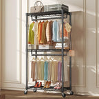 OLIXIS Clothes Rack Heavy Duty Adjustable Garment Clothing Rack with Wheels, Rolling Metal Freestanding Closet Organizer for Hanging Clothes with 2 Side Hooks, Double Rods, 35" x 15" x 75", Black