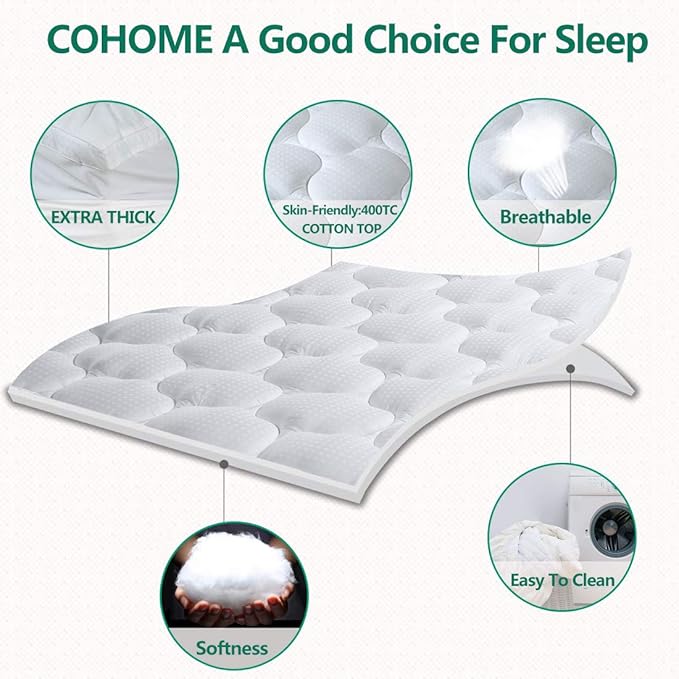 COHOME Mattress Topper King 1300 GSM Extra Thick Cooling Mattress Pad 400TC Cotton Top Plush Down Alternative Fill Pillow Top Mattress Cover with 8-21 Inch Deep Pocket (78x80 Inches, White-Luxury)