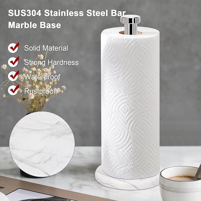 NearMoon Standing Paper Towel Holder, Kitchen Paper Towel Tissue Holder- for Bathroom Countertop, Standard or Jumbo-Sized Roll Paper (with Marble Base, Chrome Finish)