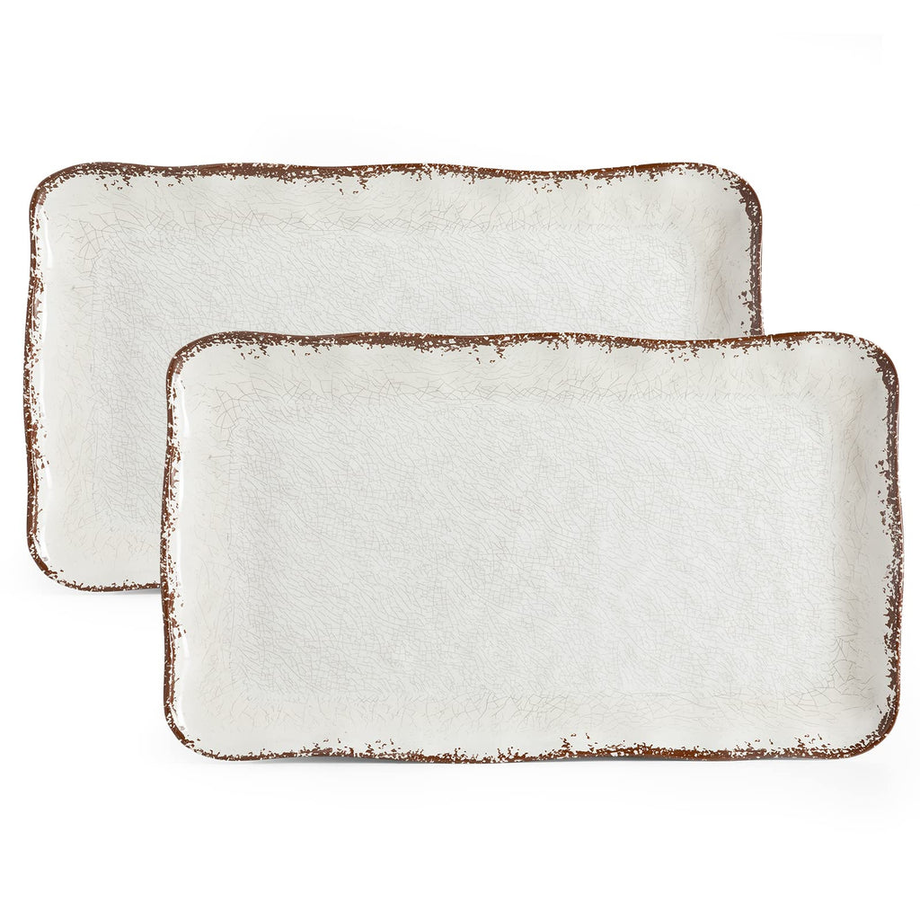 LEHAHA Farmhouse Large Serving Platters, 2 Piece Melamine Dinnerware Set, 17.5 x 10 Inches Vintage Serving Tray, Rectangle White Rustic Trays Set of 2