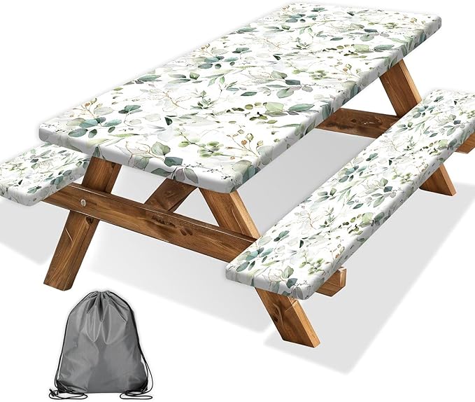Picnic Table Cover with Bench Covers and Bag, Camping Essentials, Eucalyptus Leaves Outdoor Table Covers, Waterproof Windproof, Fitted Tablecloth Cover with Elastic Edge, 3 PCS, 30x96 Inch