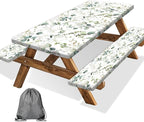 Picnic Table Cover with Bench Covers and Bag, Camping Essentials, Eucalyptus Leaves Outdoor Table Covers, Waterproof Windproof, Fitted Tablecloth Cover with Elastic Edge, 3 PCS, 30x96 Inch