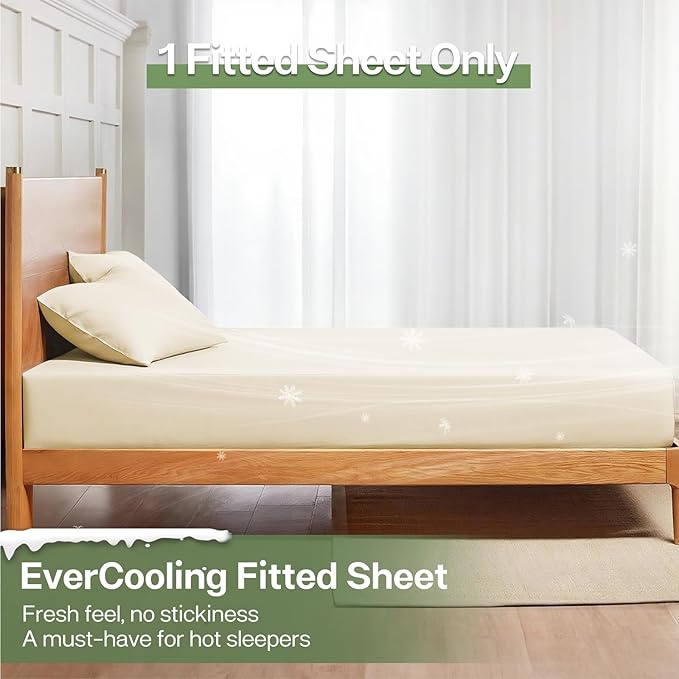 MR&HM King Fitted Sheet Only, Ultra-Soft Rayon Derived from Bamboo & Polyester Blend, Silky & Breathable, 15" Deep Pocket with Elastic Straps, Cooling Fitted Sheet for Hot Sleepers, Cream