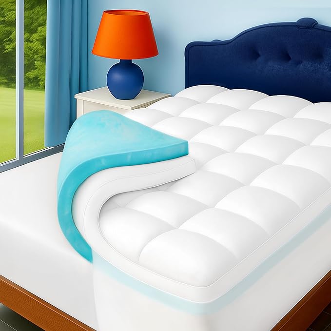 King Size Dual Layer 4 Inch Memory Foam Mattress Topper, 2 Inch Cooling Gel Infused Memory Foam and 2 Inch Airflow Down Alternative Pillow Top, 8-24 Inch Deep Pocket Bed Topper