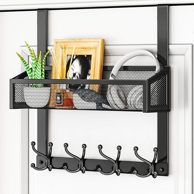HapiRm Over The Door Hooks - Easy Installation Door Hanger with Basket and 16 Hooks, 304 Stainless Steel Storage Organizer for Towels, Coats, Bathroom, Kitchen, Dorm - Black