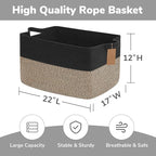 Goodpick Woven Storage Baskets for Organizing 22”x17”x12” Large Blanket Basket for Living Room Bedroom, Rectangle Wicker Storage Basket with Handles, Toy Baskets for Baby Boys, Black & Jute