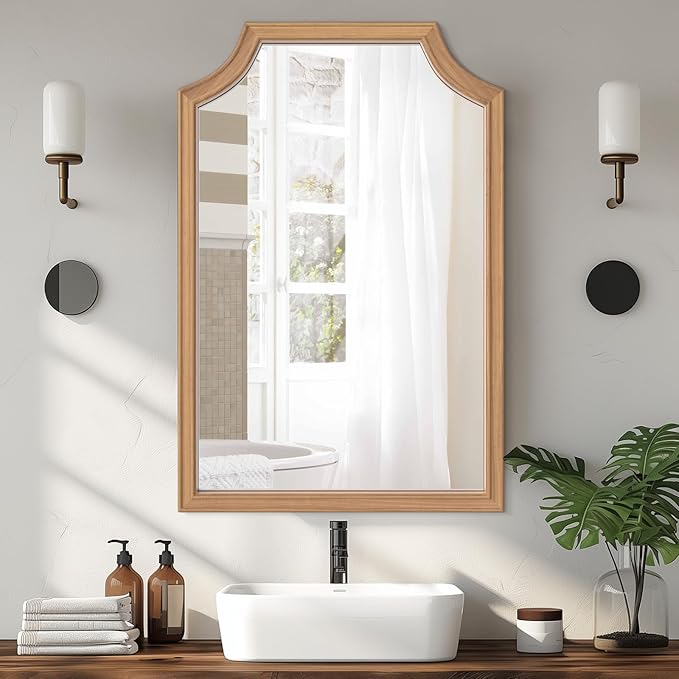 WallBeyond Scalloped Wood Mirror for Small Bathroom Vanity 20x30 Inch Rectangle Wall Mirror Decor for Hallway Bedroom Living Room Home (Honey-Colored)