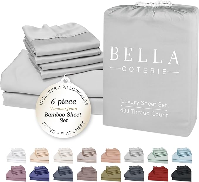 Bella Coterie 6 Piece Luxury Bamboo Viscose Queen Size Sheet Set | 100% Organically Grown | Cooling for Hot Sleepers | 18" Deep Pocket | Soft & Hypoallergenic | 4 Pillowcases [Grey Mist]