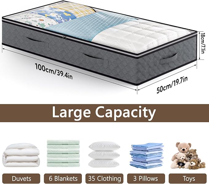 10 Pack Under Bed Storage Containers 90L Underbed Closet Organizer System Collapsible Storage Bins with Clear Window and Reinforced Handles for Bedding Pillows Blanket Towels Clothes Wardrobe Bedroom