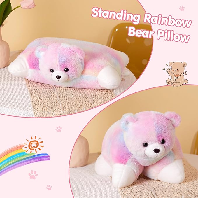 Glow Guards 15" Rainbow Teddy Bear Plush Pillow, Cute Stuffed Animal Soft Lovely Colorful Toy, Bedtime Sofa Decors, Christmas Birthday Children's Day Hoilday Gift for Toddler Kids