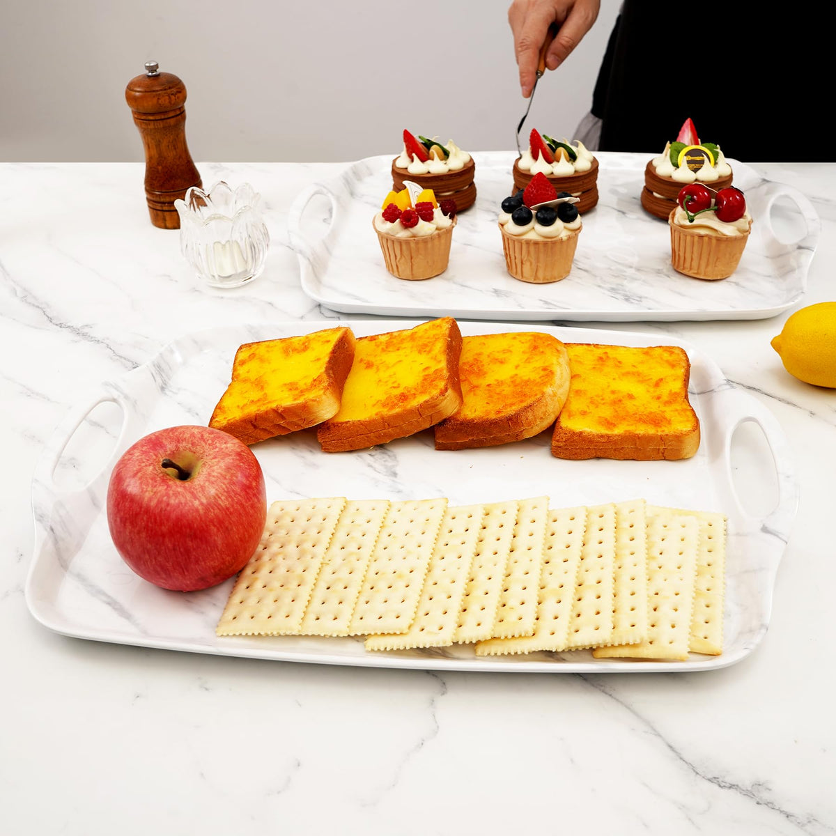 TP Melamine Serving Trays with Handles, 17” x 12”, Set of 2, Pure White