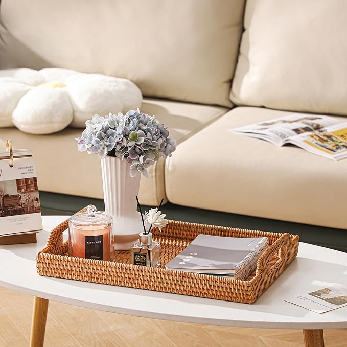 17'' Rattan Serving Tray Rectangle with Handles, Vintage Wicker Table Tray for Decor, Boho Hand Woven Seagrass Coffee Table Basket Tray for Ottoman, Breakfast, Bathroom, Outdoor