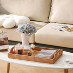 17'' Rattan Serving Tray Rectangle with Handles, Vintage Wicker Table Tray for Decor, Boho Hand Woven Seagrass Coffee Table Basket Tray for Ottoman, Breakfast, Bathroom, Outdoor