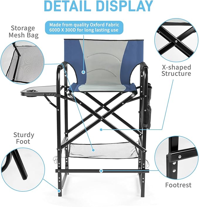 Outvita 4 Piece 31" Tall Directors Chair Height Seat Folding with Side Table Storage Bag, Support for 300Lbs Portable Makeup Artist Chair with Bar Height(Blue/Grey)