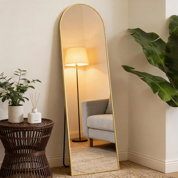 NEWBULIG 59"x16" Arched Full Length Mirror, Full Body Floor Mirror with Aluminum Alloy Thin Frame, Wall or Standing Mirror for Bedroom, Living Room, Dressing Room, Gold