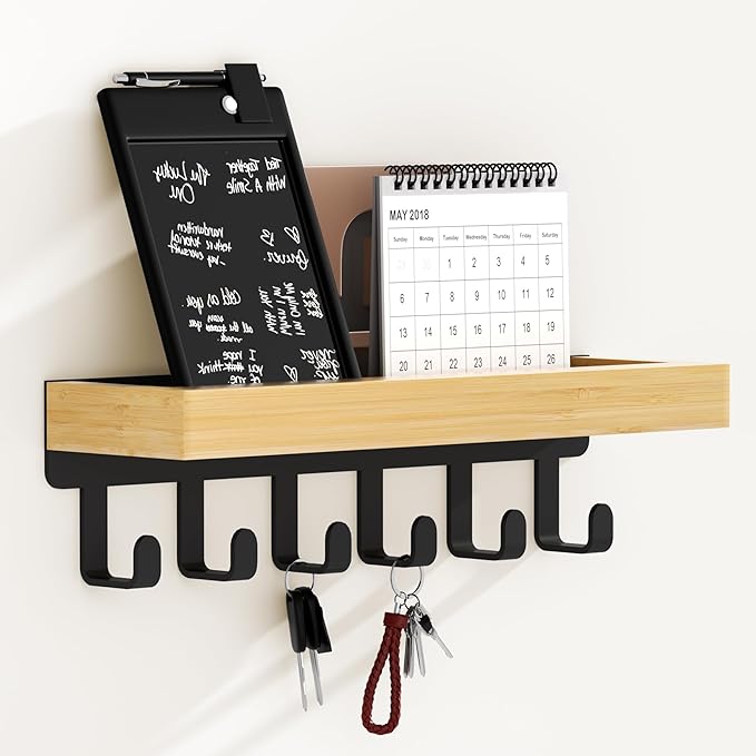 SWTYMIKI Key Holder Wall Mount-Wooden Key Hooks for Wall with Mail Organizer & 6Hooks, 2Installation Ways Key Hanger, Key Rack with Shelf for Entryway Living Room Bedroom Home Decor Wood+Black