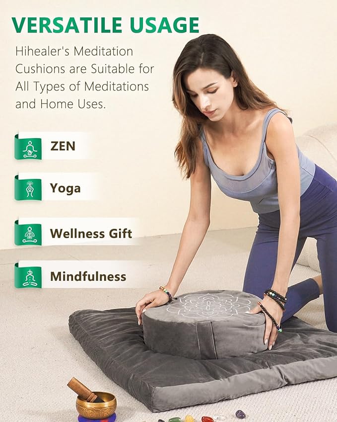 Hihealer Meditation Cushion Set – Large Rose Velvet Zafu & Zabuton Floor Pillow Traditional Tibetan Yoga Bolster for Adults Buckwheat Filled for Comfort Support