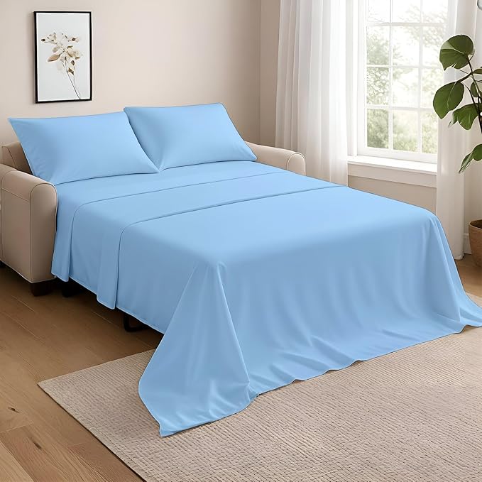 NON Sticky cotton Full Size Sleeper Sofa Sheets, 4 Piece Egyptian Cotton Bed Sheet Set for Sofa Bed, 7" Deep Pocket for Pull Out Couch Mattress, 54" x 75", Light Blue Solid, Soft & Breathable