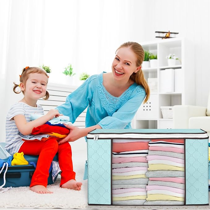 Budding Joy 90 L Large Storage Bags, 4 Pack Clothes Storage Bins Foldable Closet Organizer Storage Containers Storage and Organization for Clothes, Blanket, Comforters, Bed Sheets, Pillows (Blue)