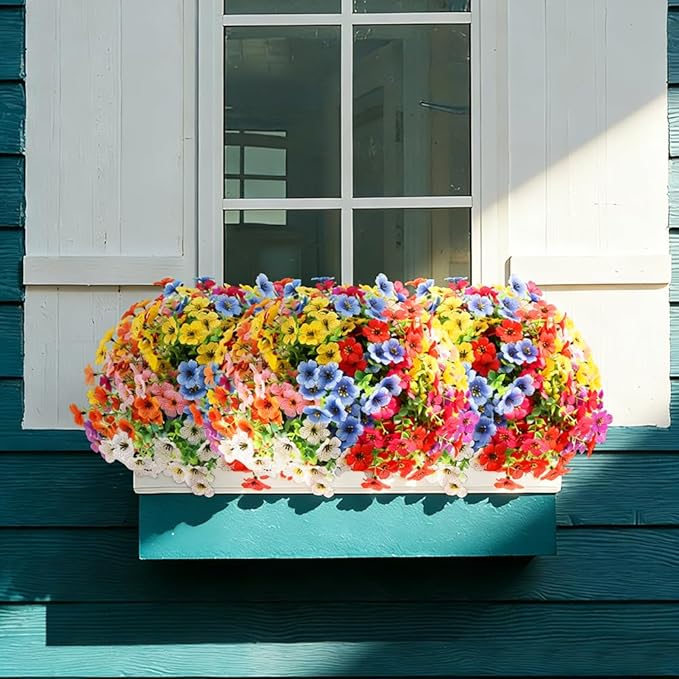 Artificial 16 Bundles Outdoor Flowers for Spring Decoration, Fake Daisy Flowers Realistic UV Resistant for Outside indoor Planter Front Door Porch Yard Patio windowsill Home Decor (Mix 8 colors)