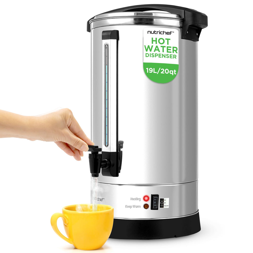 NutriChef Water Boiler and Hot Water Dispenser, 19L Electric Beverage Dispenser with Safety Lock Lid, Non-Drip Tap, Warm Function, Food Grade Stainless Steel, Home & Commercial Use, 19"x9"x9", Silver