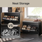 Haotian Shoe Storage Bench with Cushion, Black Narrow Shoe Rack for Entryway, Small Shoe Cabinet with Flip-Drawer, Closet Hallway Mudroom FSR82-L-SCH