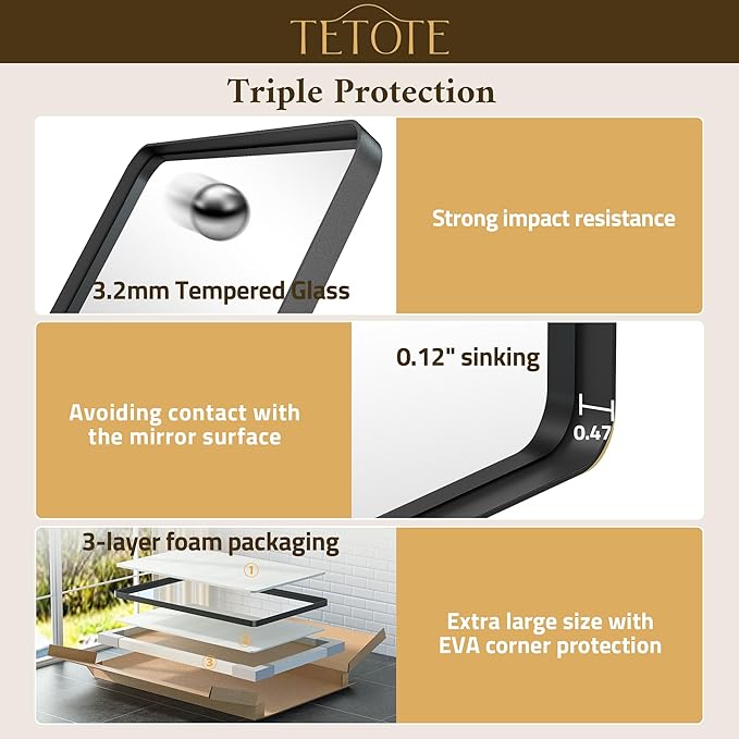 TETOTE 72 x 36 Black Vanity Mirror Large Black Mirror for Living Room Matte Metal Frame, Tempered Glass, Modern Farmhouse Wall Mounted Mirror for Decorative(Horizontal/Vertical)
