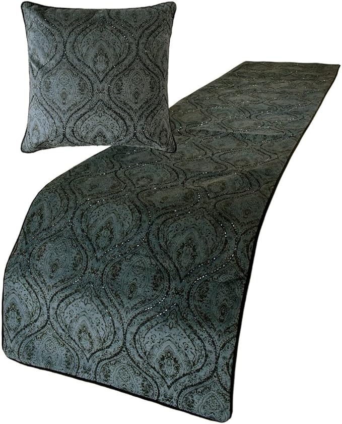 The HomeCentric King/Queen/Twin Gray Decorative Twin 53"x18" Bed Runner with Two Pillow Cover, Damask, Victorian & Bead Embroidery Bed Scarf on Suede Fabric - Beatrice