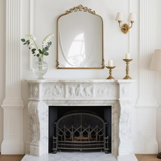 WallBeyond Gold Antique Mirror for Vanity 24x32 Inch, Gold Vintage Mirror with Ornate Frame, Arched Vintage Wall for Bathroom, Living Room, Fireplace