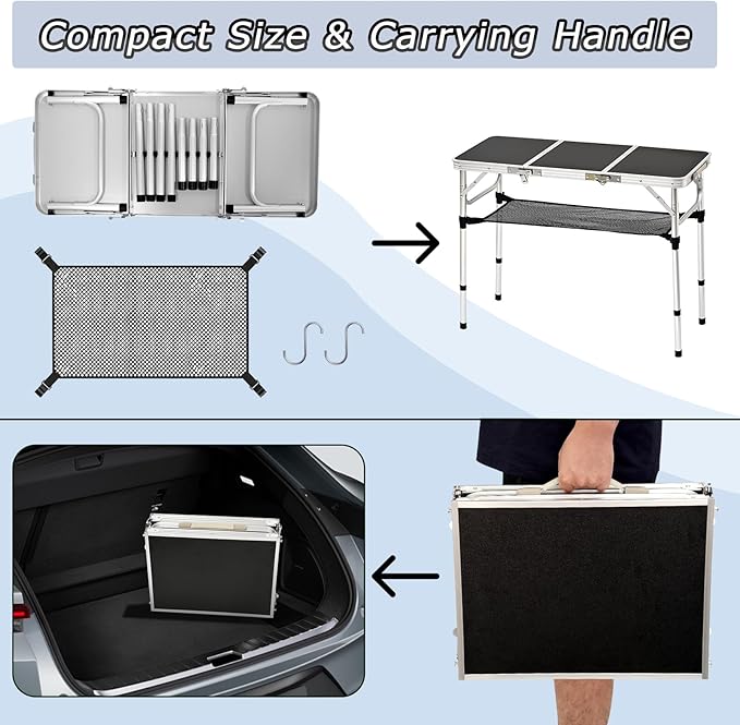 YihuiKo 3 ft Folding Table, Camping Table with Storage Net, Lightweight Portable Aluminum Foldable Table with Adjustable Height Max 27.5 Inch Outdoor Table for Picnic Travel, Black