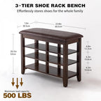 PY HOME & SPORTS Shoe Rack for Entryway 23.6": 3-Tier Shoe Storage Bench, Adjustable/Removable Shelves, Rubberwood Shoe Benches for Hallway, Porch, Bathroom, Brown