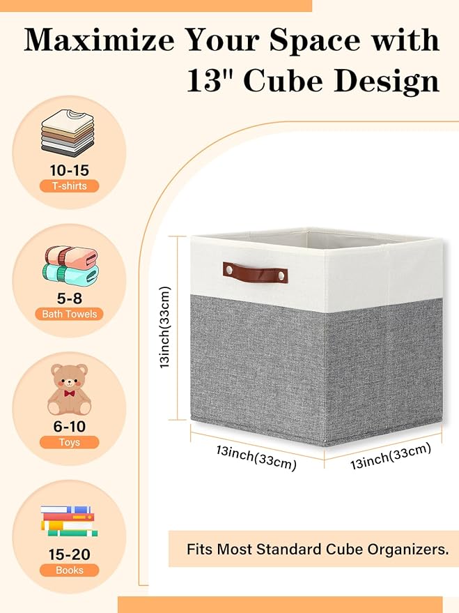 Temary 13 Inch Cube Storage Bins 4 Pack, Perfect Fit for Standard Cube Organizers, Sturdy Collapsible Storage Organizer Bins with PU Leather Handles for Closet, Nursery, and Office-White&Grey