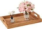 17'' Rattan Serving Tray Rectangle with Handles, Vintage Wicker Table Tray for Decor, Boho Hand Woven Seagrass Coffee Table Basket Tray for Ottoman, Breakfast, Bathroom, Outdoor