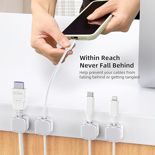 Cord Holder, 6 Pack Magnetic Cable Clips, Strong Adhesive Cord Holder for Nightstand Desk Organizer Kitchen Appliances Car Wall Office Phone Wire Keeper, Clear White