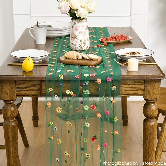 Artoid Mode Dark Green Embroidery Daisy Gauze Table Runner 120 Inch 10FT, Seasonal Sheer Kitchen Dining Holiday Wedding Birthday Table Decor for Home Party