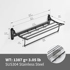 BESy 24 Inch Matte Black Towel Racks, Bathroom Towel Shelf with Foldable Towel Bar Holder and Towel Hooks, Wall Mounted Multifunctional Bathroom Accessories, Double Towel Bars