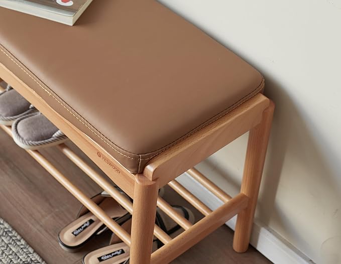 Solid Wood Shoe Bench Assembled, Shoe Rack Bench with Silicone Leather Cushion for Entryway, Living Room, Bedroom, Hallway, 11.8" x 23.6" x 16.5", Natural