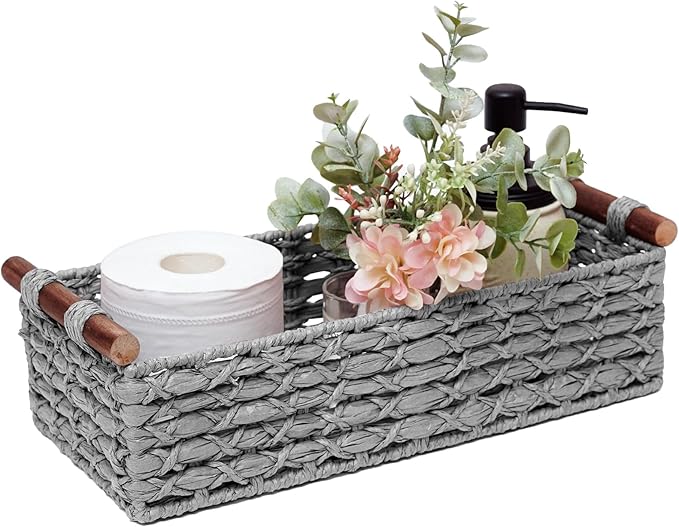 Small Storage Basket Wicker Baskets for Organizing with Handle Decorative Storage Bin for Countertop Toilet Paper Basket for Toilet Tank Top Small Baskets,Light Grey