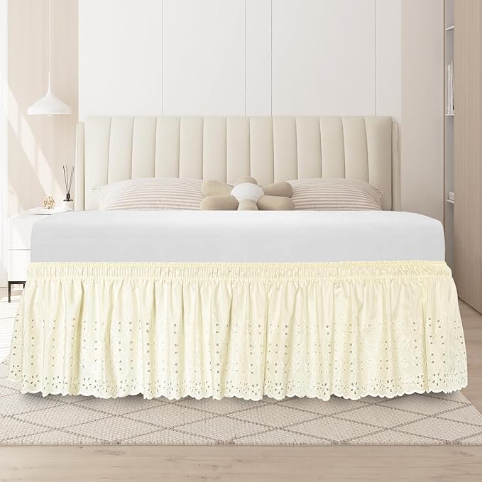 Queen Bed Skirt, Wrap-Around Elastic Ruffled Eyelet Bed Skirt Queen Size Dust Ruffle with Gathered Styling and Embroidered Details, 14" Drop Length (Light Yellow)
