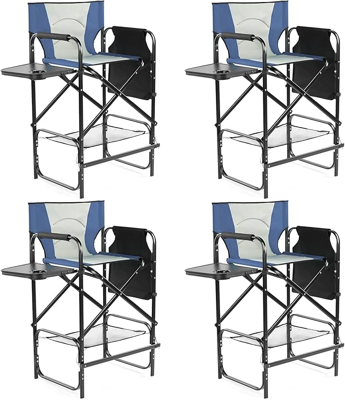 Outvita 4 Piece 31" Tall Directors Chair Height Seat Folding with Side Table Storage Bag, Support for 300Lbs Portable Makeup Artist Chair with Bar Height(Blue/Grey)