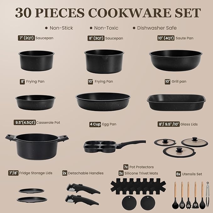 KIKCOIN Pots and Pans Set, 30 Pack Nonstick Cookware Set Detachable Handle, Induction RV Kitchen Cooking Set with Removable Handle, Frying Pans, Casserole - Dishwasher/Oven Safe, PFOA Free