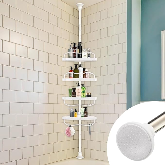 Corner Shower Caddy Tension Pole, Rustproof Bathtub Storage Organizer with 4 Adjustable Shelves, Bathroom Shower Rack Shampoo Holders for Inside Shower, 40"-120" Floor to Ceiling Shower Caddy Silver